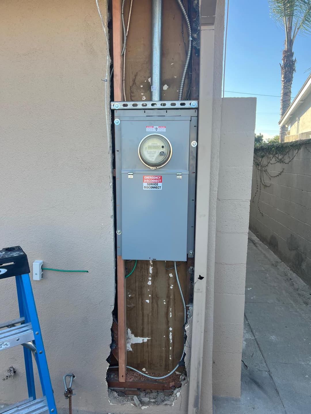 Electric meter mounted on wall with ladder nearby and palm trees in the background.