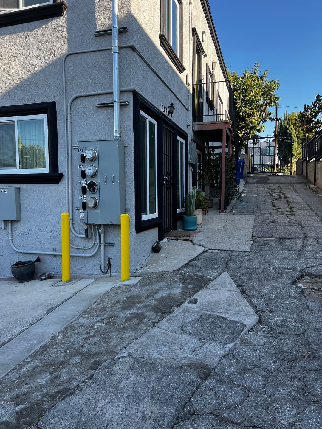 Narrow alleyway beside a residential building with utility meters and potted plants.